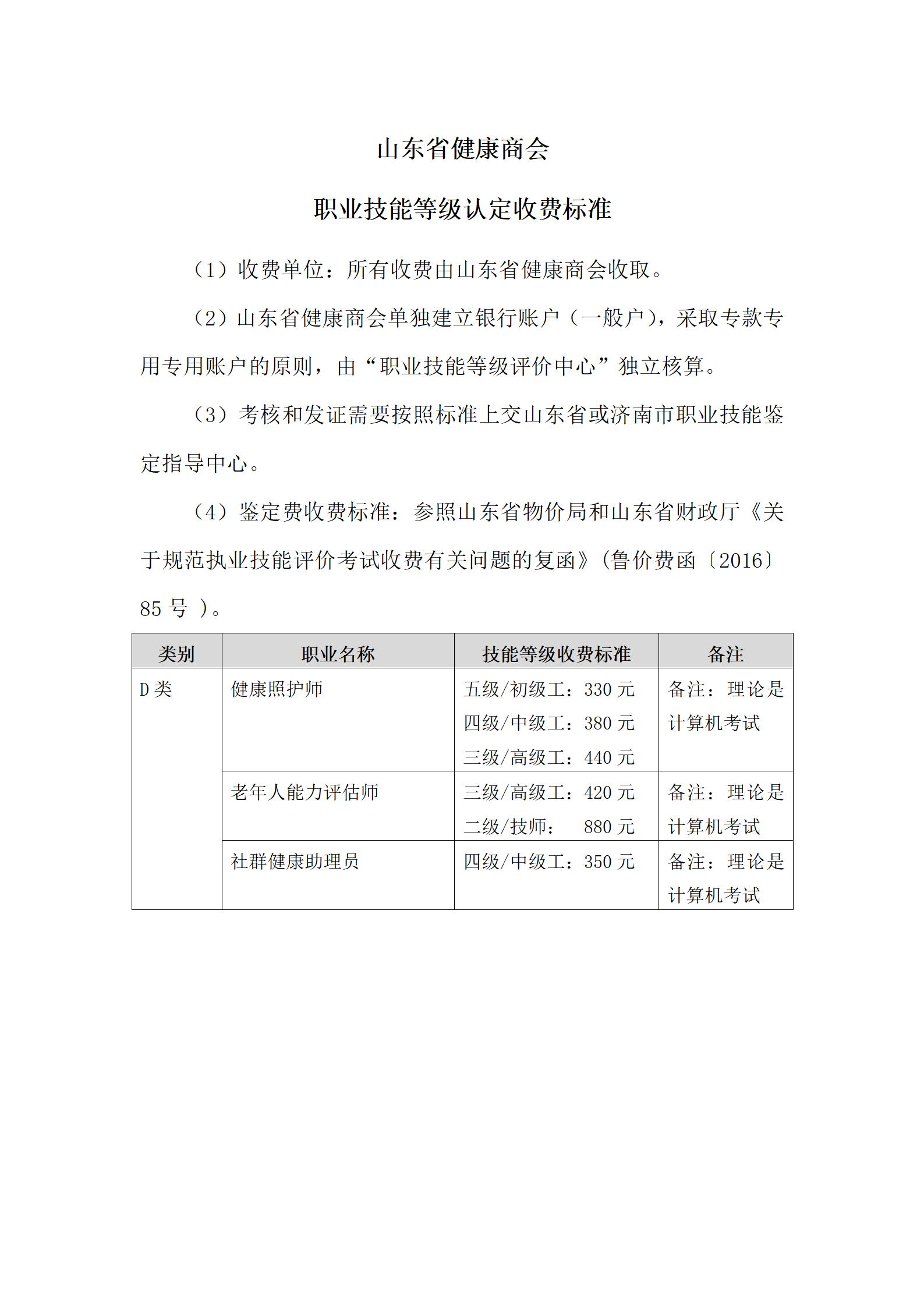 山东省健康商会职业技能等级认定收费标准